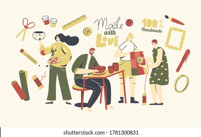 People Enjoying Handmade Hobby. Characters Sewing Things, Making and Decorating Pots, Earthenware, Ceramics Crockery Pottery, Artists Painting at Hand Made Workshop. Linear People Vector Illustration