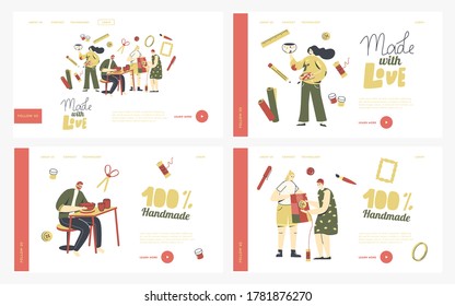 People Enjoying Handmade Hobby Landing Page Template Set. Characters Sewing, Decorating Pots, Earthenware, Ceramics Crockery Pottery, Artists Painting at Hand Made Workshop. Linear Vector Illustration
