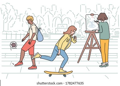 People are enjoying hobbies in the park. hand drawn style vector design illustrations. 