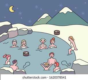 People are enjoying the hot springs in the winter open air baths. flat design style minimal vector illustration.