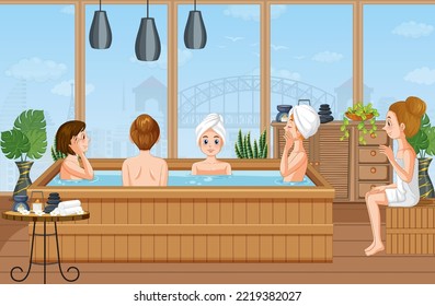 People enjoying hot tub spa illustration