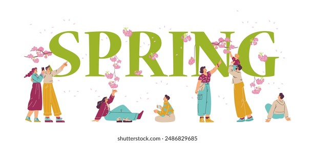 People enjoying of Japanese cherry blossom or Sakura flowers. Cartoon Hanami festival on spring season. Vector flat event typographic poster. Beautiful pink blooming trees