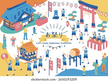 Pessoas desfrutando de um festival japonês personagem kanji japonês"omenci""festival""otya""chá"