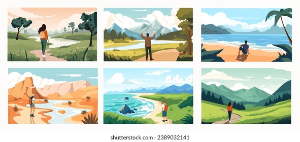 People enjoying landscape view. Cartoon characters hiking and camping on nature, travelers and hikers discover new places. Vector isolated set. Man or woman standing alone watching nature