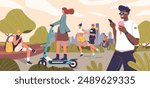 People Enjoying Leisure Activities In A City Park. Characters Running, Riding Scooters, Biking And Eating Ice Cream