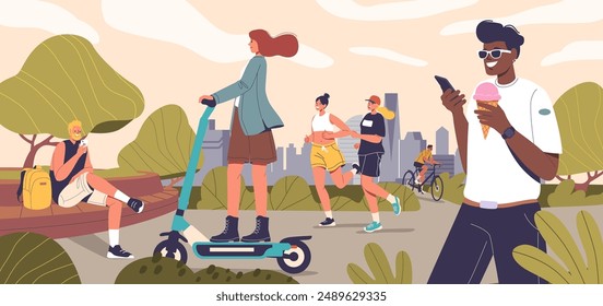 People Enjoying Leisure Activities In A City Park. Characters Running, Riding Scooters, Biking And Eating Ice Cream