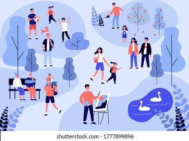 People enjoying leisure in park. Family with kids, couples walking, playing ball, relaxing flat vector illustration. Lifestyle, outdoor activity concept for banner, website design or landing web page