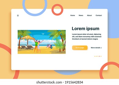 People enjoying leisure time on beach. Couple taking selfie, palm, sand, sea flat vector illustration. Tropical resort, vacation, seaside concept for banner, website design or landing web page