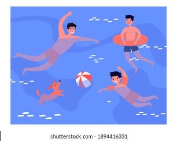 People enjoying leisure time in swimming pool. Bathing, water, ball game, dog. Flat vector illustration. Recreation, lifestyle, summer activity concept for banner, website design or landing web page