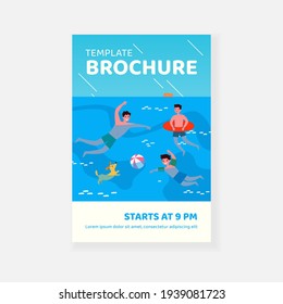 People enjoying leisure time in swimming pool. Bathing, water, ball game, dog. Flat vector illustration. Recreation, lifestyle, summer activity concept for banner, website design or landing web page