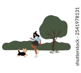 People enjoying leisurely strolls in the park with their dogs. Families, couples, and individuals interact with their happy pets, capturing delightful moments. Flat vector illustrations.