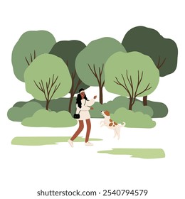 People enjoying leisurely strolls in the park with their dogs. Families, couples, and individuals interact with their happy pets, capturing delightful moments. Flat vector illustrations.