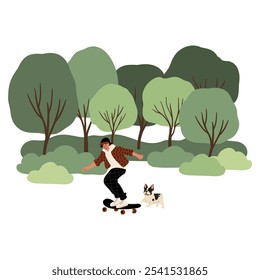 People enjoying leisurely strolls in the park with their dogs. Families, couples, and individuals interact with their happy pets, capturing delightful moments. Flat vector illustrations.