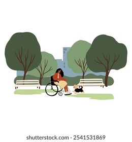 People enjoying leisurely strolls in the park with their dogs. Families, couples, and individuals interact with their happy pets, capturing delightful moments. Flat vector illustrations.