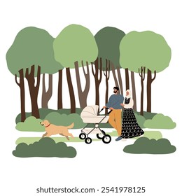 People enjoying leisurely strolls in the park with their dogs. Families, couples, and individuals interact with their happy pets, capturing delightful moments. Flat vector illustrations.