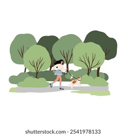 People enjoying leisurely strolls in the park with their dogs. Families, couples, and individuals interact with their happy pets, capturing delightful moments. Flat vector illustrations.