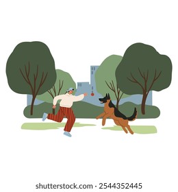 People enjoying leisurely strolls in the park with their dogs. Families, couples, and individuals interact with their happy pets, capturing delightful moments. Flat vector illustrations.