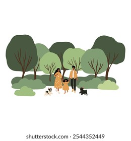 People enjoying leisurely strolls in the park with their dogs. Families, couples, and individuals interact with their happy pets, capturing delightful moments. Flat vector illustrations.