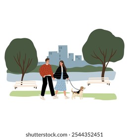 People enjoying leisurely strolls in the park with their dogs. Families, couples, and individuals interact with their happy pets, capturing delightful moments. Flat vector illustrations.