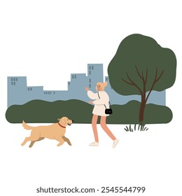 People enjoying leisurely strolls in the park with their dogs. Families, couples, and individuals interact with their happy pets, capturing delightful moments. Flat vector illustrations.