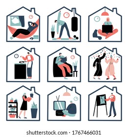 People enjoying life and doing casual things at home in house silhouette frame