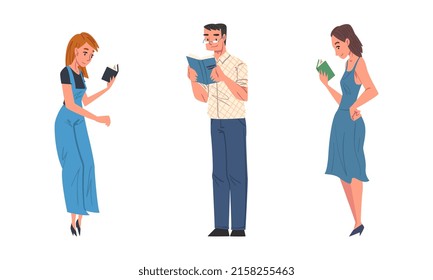 People enjoying literature and reading interesting books cartoon vector illustration