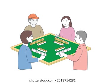 People are enjoying mahjong. Boad game.