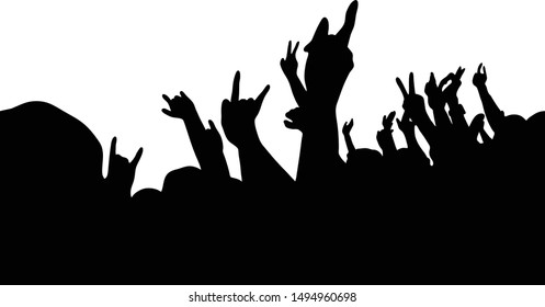 The people are enjoying making different hand gestures on the concert.