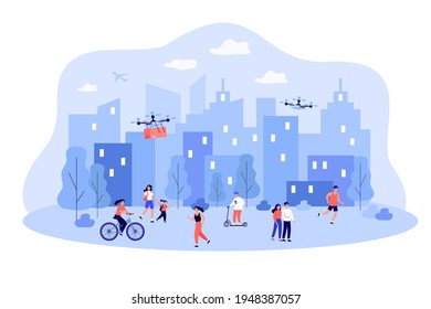 People enjoying modern life in smart city. Flat vector illustration. Digital and real social life with wireless network, computers, huge buildings and future environment. Smart city, progress concept