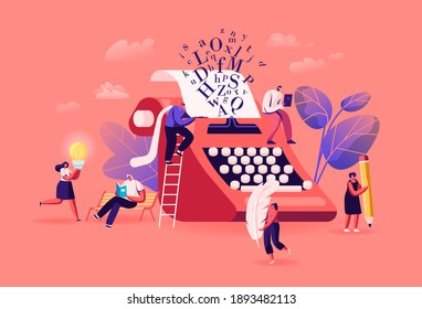 People Enjoying Narration, Reading Literature Poetry or Prose Concept. Tiny Characters at Huge Typewriter Feather and Pencil Reading or Writing Books, Poems, Prose. Cartoon People Vector Illustration