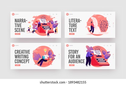 People Enjoying Narration, Reading Literature, Poetry Landing Page Template Set. Tiny Characters at Huge Typewriter Feather and Pencil Reading or Writing Book, Poem, Prose. Cartoon Vector Illustration