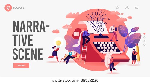 People Enjoying Narration, Reading Literature, Poetry Landing Page Template.Tiny Characters at Huge Typewriter Feather and Pencil Reading or Writing Books, Poems, Prose. Cartoon Vector Illustration