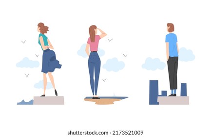 People enjoying natural outdoor landscape while walking on beach set cartoon vector illustration