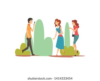 People Enjoying Nature Outdoors, Young Man and Woman Walking in Summer Park Vector Illustration