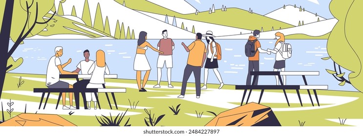 Personas disfrutando de actividades al aire libre junto a un lago picnic senderismo paisaje montañas árboles minimalista delgada línea arte