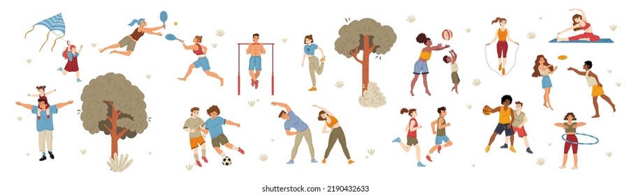 People enjoying outdoor activities, flat character set isolated on white. Parents, kids playing games in park, men, women training, friends doing sports together. Healthy lifestyle vector