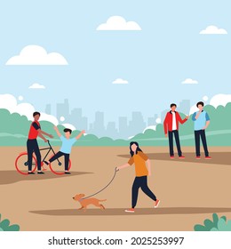 people enjoying outdoor activities 
at summer forest park. people talking, walking with dog, man riding on bike. modern city park for walking and cycling vector illustration.
