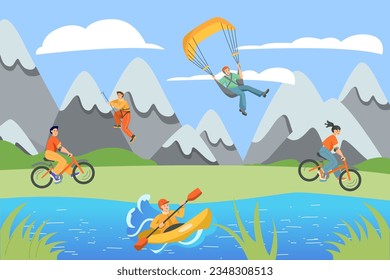 People enjoying outdoor adventures vector illustration. Happy friends riding bicycles, climbing mountain, skydiving with parachute, sailing on canoe. Nature, sport, activity concept