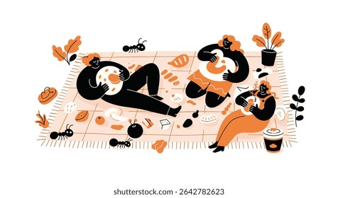 People Enjoying Outdoor Picnic with Tasty Food and Annoying Ants in the Summer