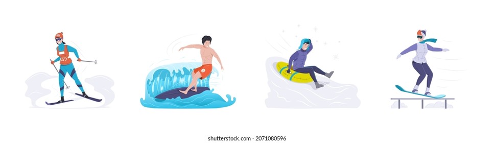 People enjoying outdoor sport activity set. Active man and woman practicing surfing, skiing, snowboarding and riding on snow tubing. Recreational summer and winter sports activity cartoon vector