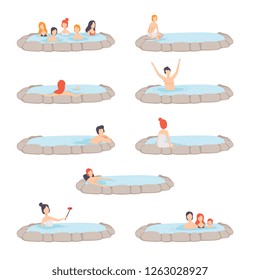 People enjoying outdoor thermal spring set, men and women relaxing in hot water in bath tub, spa procedure vector Illustration on a white background