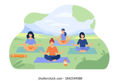 People enjoying outdoor yoga class in park. Women sitting on grass in lotus pose. Vector illustration for health, recreation, wellbeing concept