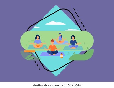 People enjoying outdoor yoga class in park. Women sitting on grass in lotus pose. Vector illustration for health, recreation, wellbeing concept