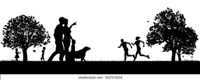 People enjoying the outdoors park silhouettes with runners exercising, couple and small child walking a dog and kids playing catch in the background