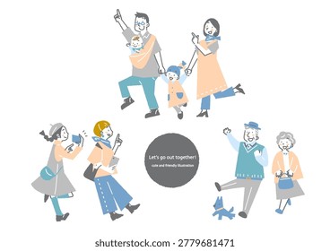 People enjoying an outing together: Stylish and cute hand-drawn style illustrations.