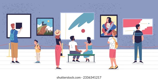 People enjoying paintings. Art gallery visitors group looking contemporary painting show, visitor sitting contemplating abstract artwork museum wall, classy vector illustration of exhibition artwork