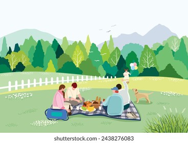 People enjoying a picnic in a natural field with dense forest