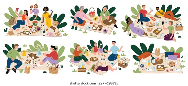 People enjoying picnic in summer. Collection of hand drawn scenes with friends, families spend time outdoors, cartoon picnic blankets and baskets set. Vector illustration of eating, having fun outside