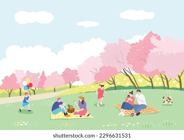 Gente disfrutando de picnics en el césped en un día soleado de primavera cuando las flores del cerezo están en plena floración