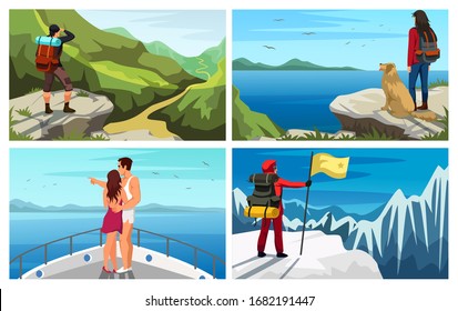 People enjoying picturesque view from top scene set. Man woman in love at ship deck. Male female character on cliff and amazing green valley, snow-capped mountains, large lake. Vector illustration